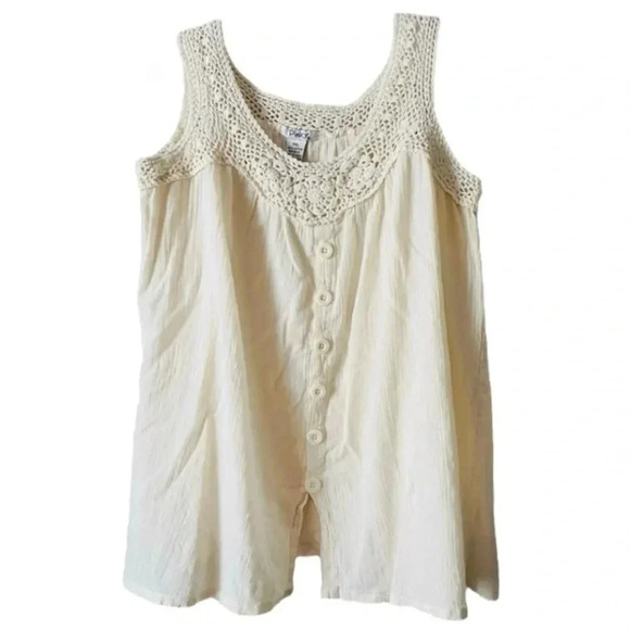 PINKY | Crochet Lace Yoke Boho Button Front Linen Tank Top Size XXL - Picture 1 of 5